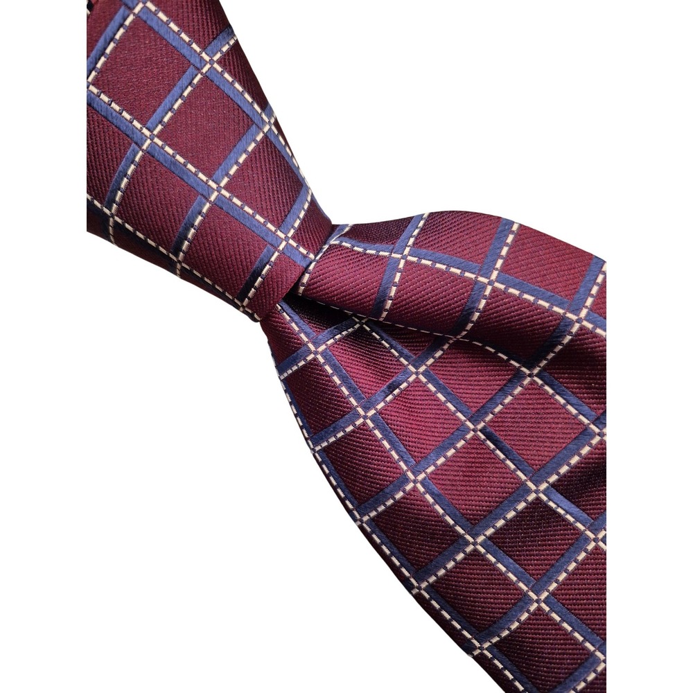 Cremieux Mens‎ Silk Tie Burgundy Navy Blue Grid Windowpane Plaid NEW